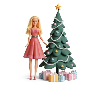 A Barbie doll, wearing a vibrant red festive holiday dress adorned with shimmering silver sequins, is standing beside a beautifully decorated Christmas tree. The Christmas tree is tall, with lush green branches, elegantly draped with sparkling white lights and colorful ornaments. Underneath the tree, there are neatly wrapped presents in various sizes, covered in shiny, patterned gift wrap. Barbie's long blonde hair cascades down her shoulders, and she is smiling as she poses next to the tree, embodying a joyful holiday spirit.