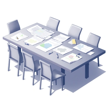 A large wooden table occupies the center of a room, its surface cluttered with documents and maps. The table is surrounded by several chairs, some of which are pushed out as if people have recently been seated. The documents are neatly stacked in places while others are casually spread out, showing various charts and text. Maps depicting different regions are unfolded and partially overlapping each other, adding to the chaotic yet organized feel of the meeting setup. A few pens and highlighters are scattered across the table, indicating an active planning session. Natural light filters in from a nearby window, casting soft shadows on the table's surface.