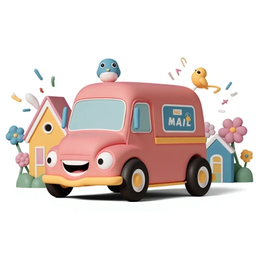 A whimsical cartoon-style mail truck with a rounded front and oversized wheels, painted bright red with cheerful yellow accents. The truck has large, friendly eyes on the windshield and a wide, smiling mouth on the front bumper. Its sides are adorned with colorful stickers and cartoonish letters flying off as if in motion. The truck is parked in a playful, vibrant neighborhood, surrounded by oversized flowers and whimsical houses with bright colors. A few cartoon-style birds can be seen perched on the truck's roof, adding to the lively atmosphere.