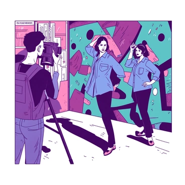 A street photographer is positioned with a camera raised, capturing an image of a woman wearing a denim blouse. The woman is standing in front of a vibrant graffiti wall that is filled with various colorful designs and patterns. Her denim blouse contrasts with the bright colors of the graffiti, and she has a confident expression as she poses. The photographer is framed to the side, focusing intently on the woman while the bustling urban environment surrounds them. The sunlight casts interesting shadows on the wall and the ground, adding depth to the scene.