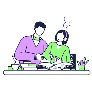 An artist at a desk habit-stacking creative tasks: sketching while sipping coffee and listening to music.
