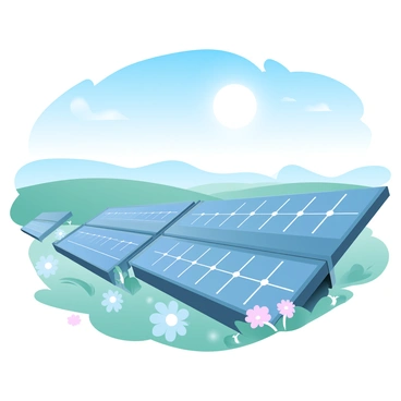 Rows of solar panels are aligned neatly across a vast field, reflecting the sunlight with a shiny surface. The sky is a clear blue overhead, providing a vibrant backdrop to the scene. The solar panels are surrounded by patches of green grass and wildflowers, adding color to the composition. In the distance, gentle hills roll under the sunlight, enhancing the sense of openness.
