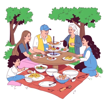 Neighbors of all ages sharing a potluck meal in a local park.