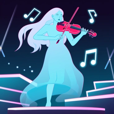 A spectral ghost with a flowing, translucent form is playing a violin on a dimly lit stage. The ghost has ethereal, shimmering features and long, wavy hair that flows as if underwater. It holds the violin delicately under its chin, with one hand on the bow, and its other hand gracefully moving across the strings. Surrounding the ghost are glowing musical notes, each radiating a soft luminescent light. The stage is adorned with minimalistic futuristic elements, including sleek, metallic structures and soft ambient lighting.