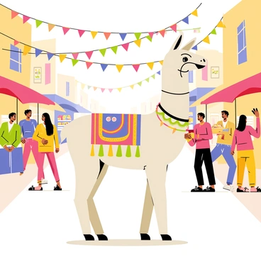 A festive llama standing proudly with a colorful traditional costume featuring vibrant patterns and tassels. The llama is surrounded by decorations such as colorful banners and streamers hanging above the lively street. People in the background are dancing, wearing bright clothing, and enjoying the festivities. Various food stalls can be seen, displaying an array of delicious treats. The scene is filled with joy and excitement, capturing the essence of a street festival celebration.