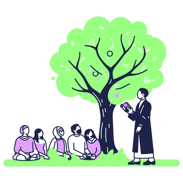 A preacher is standing under a large olive tree, delivering a sermon. The preacher is wearing a long black coat and a white collar, holding a book in his right hand. In front of him, an attentive group of people is seated on the grass, listening closely to his words. Among the crowd, a woman with a headscarf is sitting on the left, and a man with glasses is sitting on the right. The olive tree has thick branches and a textured trunk, casting dappled shadows on the ground below. Sunlight filters through the leaves, creating a gentle ambiance.