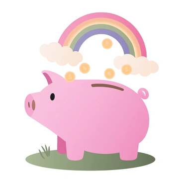 A digital flat illustration featuring a cute pink piggy bank sitting on a grassy surface. The piggy bank has a shiny, coin slot on its back and small, friendly eyes. Above the piggy bank, a vibrant rainbow arches across the sky. Several golden coins are being dropped from the rainbow, glimmering as they fall toward the piggy bank. The background includes fluffy white clouds and a bright blue sky, further enhancing the joyful scene.