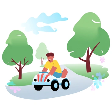 A joyful child pushing a colorful toy car along a sunny park pathway.