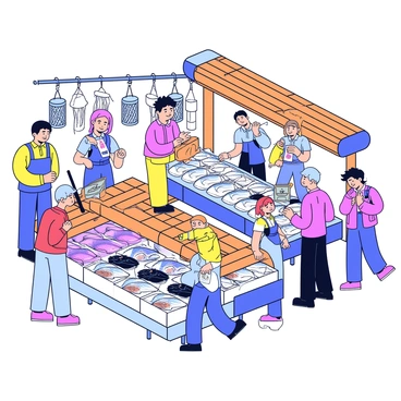 A bustling fish market filled with a variety of colorful fish on display. There are large fish such as salmon and tuna, their scales shimmering under the bright lights. Smaller fish, like sardines and mackerel, are arranged neatly on ice. The market features wooden stalls, each labeled with the type of fish for sale. Customers are interacting with vendors, some pointing at the fish while others are examining the fresh catch. The background includes hanging nets and fishing gear, adding to the market's lively atmosphere.
