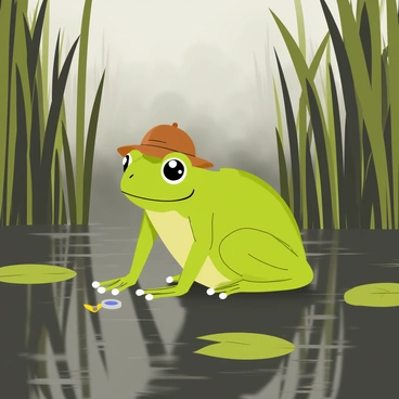A green frog wearing a small brown detective hat is crouched down at the edge of a murky swamp. The frog holds a shiny magnifying glass in one hand, intently examining a small, shiny clue on the ground. Mist rolls over the surface of the swamp, partially obscuring the tall reeds and lily pads in the background. The scene is dimly lit, with soft light filtering through the fog, creating a mysterious atmosphere.