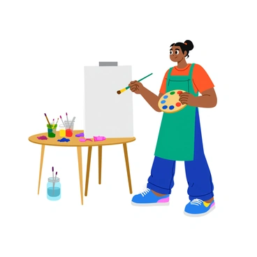 An artist stands in front of a blank canvas, holding a palette filled with vibrant colors. The artist's brush is poised above the canvas, ready to apply the first strokes. Various tubes of paint, in bright hues such as red, blue, yellow, and green, are scattered on a nearby table. The artist's expression is focused and determined as they contemplate which color to use next. Around the workspace, there are paintbrushes of different sizes and a jar filled with water for cleaning the brushes, all contributing to the creative atmosphere.