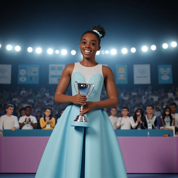 Simone Biles, wearing an elegant, sparkling dress in shades of blue and silver, stands confidently on a grand stage. She has a broad smile on her face, showcasing her joy and pride. In her hands, she holds a prestigious sports award, a gleaming trophy reflecting the stage lights. The backdrop features banners celebrating athletic achievements, and the audience can be seen applauding enthusiastically. Bright stage lights illuminate her as she basks in the moment, radiating happiness and accomplishment.
