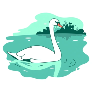 A white swan is gracefully gliding across a teal, calm lake. The surface of the lake is smooth, mirroring the swan's elegant form. Soft ripples are trailing behind the swan, creating gentle patterns in the water. In the background, there are hints of green foliage reflecting in the tranquil surface, enhancing the serene ambiance of the scene.