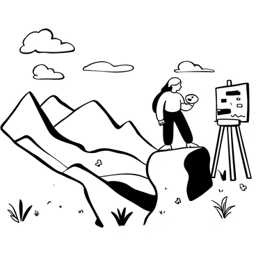 A woman with long flowing hair stands on a rocky ledge, holding a paintbrush in one hand and a palette in the other. Below her, a vast landscape of majestic mountains stretches into the distance, with towering peaks and deep valleys. She is engrossed in capturing the details of the mountains on her canvas, which is set up on an easel beside her. The sky above features billowing clouds, and a gentle breeze seems to move through the scene. Small patches of wildflowers dot the ledge around her, enhancing the natural beauty of the elevated viewpoint.