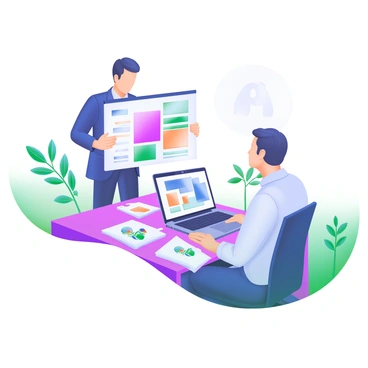 A designer is standing confidently while presenting their portfolio to a client. The designer is dressed in a smart outfit, with a focused expression. On the table, there is a sleek laptop open, displaying digital designs. Scattered around the laptop are various printed artworks, showcasing colorful designs and illustrations. The setting is bright and modern, with a few decorative plants in the background, adding a touch of greenery to the scene. The client, seated across the table, appears engaged and interested, leaning slightly forward to look at the portfolio.