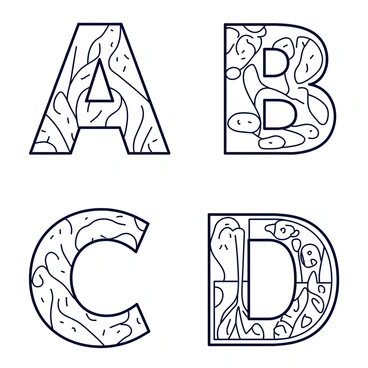 A scientific illustration featuring the letters "A," "B," "C," and "D" formed by diagrams of various plant anatomy. The letter "A" is created using a diagram of a leaf structure, showcasing the veins and cells in detail. The letter "B" is designed with a diagram of a flower, highlighting the petals and stamen. The letter "C" is represented by a cross-section of a stem, illustrating the vascular tissue. The letter "D" is shaped by a diagram of a root system, displaying root hairs and soil interaction. Each letter is clearly defined and set against a plain background for better visibility.