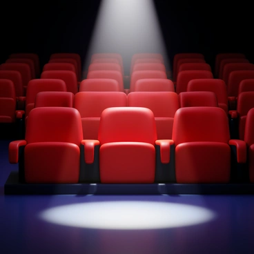 A row of plush red theater seats in a darkened room, with a spotlight shining on the stage.