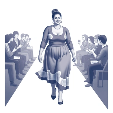 A plus-size model walking down a runway with confidence. She is wearing a trendy outfit that features a fitted top and a flowing skirt. The outfit has intricate patterns and bold shapes that enhance her silhouette. The model's posture is strong, with her head held high and a smile on her face. The runway is surrounded by photographers capturing her every step, while the audience is seated, watching intently. The lighting focuses on her, emphasizing the details in her outfit and her expression.