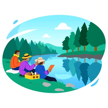 A group of three artists sitting on the riverbank, each holding their sketchpads and pencils. The scene includes a calm river reflecting tall, leafy trees that line the opposite bank. The artists are focused on capturing the detailed reflections of the trees on the water's surface. One artist is wearing a wide-brimmed hat, while another has a scarf around their neck. The sunlight casts soft shadows on the ground, and the surface of the river is smooth, creating a mirror-like effect. Small ripples are visible near the edges, where a few scattered stones break the water's reflection.
