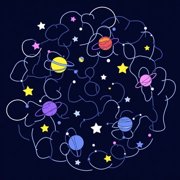 A cosmic scene featuring a galaxy formed by intricate mycelium networks. The mycelium threads are depicted as intertwining strands, flowing across the image. Scattered throughout the networks are bright, twinkling stars in various sizes, alongside colorful planets represented in different shades. The planets are nestled within the threads of mycelium, creating a harmonious connection between the celestial bodies and the organic filament structures. The background is dark, enhancing the luminous quality of the stars and planets.