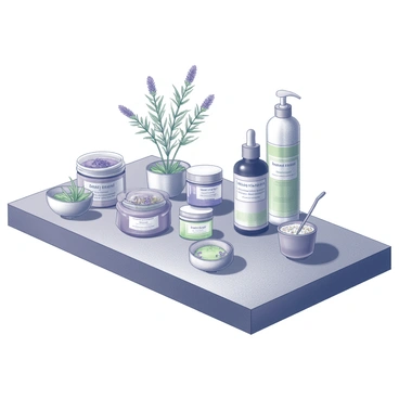 A wooden table is adorned with a variety of natural beauty products. There are small jars filled with creams and oils, each labeled with ingredients derived from herbs and plants. Surrounding the jars are fresh herbs, such as lavender and rosemary, and small bowls containing dried flowers and botanical extracts. The overall arrangement showcases the textures of wood and organic materials, highlighting the connection between nature and beauty.