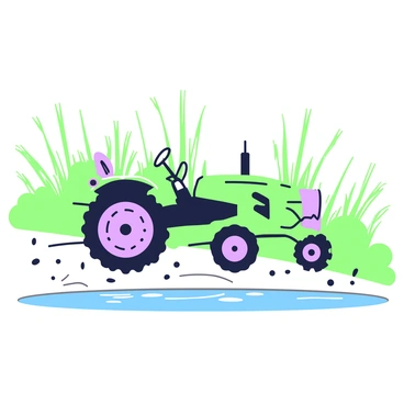 A tractor is parked beside a calm pond, its vibrant details clearly reflected on the water's surface. Surrounding the pond is a field of tall grass, which sways gently in the breeze. The sky above is clear, allowing natural light to illuminate the scene. The tractor's tires rest on the soft earth, casting subtle shadows onto the ground. In the background, clusters of grass stretch toward the horizon, framing the tranquil water and the equipment.