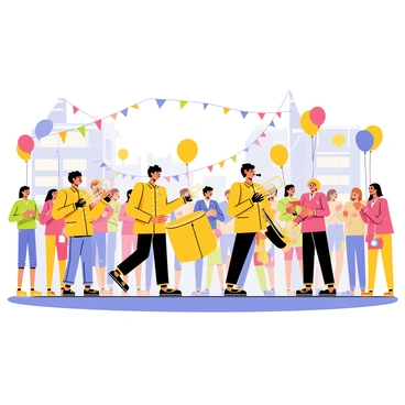 A lively marching band is in uniform, each member wearing a bright, colorful outfit with gleaming brass buttons. The musicians are playing a variety of instruments, including shiny trumpets, large drums, and elegant woodwinds. The band is leading a parade down a bustling street, with crowds of excited onlookers clapping along. Colorful streamers and flags are waving in the air, enhancing the festive atmosphere. Balloons of various shapes and sizes float above the scene, adding to the celebratory feel of the event.