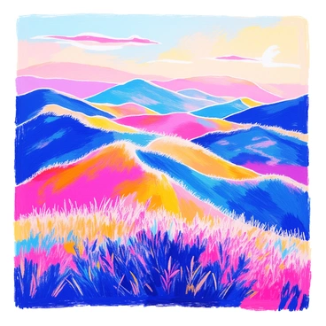 Rolling hills undulate across the landscape, each curve and slope highlighted by the changing colors of the sky. The scene captures a gradient of hues, transitioning from "pale yellow" at the horizon to "warm orange" higher in the sky. Soft light washes over the hills, casting gentle shadows that enhance their texture. The grass on the hills appears lush and vibrant, reflecting the early morning light.