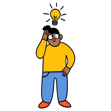 A light-skinned person with big eyes and short dark hair is tapping their head with a thoughtful expression. Above their head, there is a glowing light bulb symbolizing a clever idea. The person is wearing a yellow shirt and blue jeans. They are standing in a relaxed pose, suggesting a moment of inspiration and creativity.