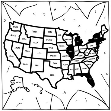 A black-and-white illustration of a mosaic composed of various U.S. state maps, each intricately placed to form a cohesive pattern. Each state map is labeled with its name, showcasing unique outlines and geographical features. The overall design represents the concept of power balance in the 10th Amendment, with some states appearing larger and more prominent while others are smaller, illustrating differing levels of influence. The background is filled with interspersed lines and shapes that enhance the mosaic effect, providing a textured look to the overall composition.