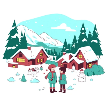 A picturesque village with quaint, snow-covered cottages nestled in a valley. The rooftops of the houses are blanketed in thick layers of white snow, and tall, frosted pine trees surround the village. In the foreground, several characters dressed in colorful winter attire are interacting. One character is wearing a vibrant teal coat, while another sports a bright red scarf wrapped around their neck. Snowflakes gently fall from the sky, and there are small snowmen scattered around the village, adding playfulness to the scene. The warm glow of lights from the cottage windows contrasts with the cold whiteness of the snow.