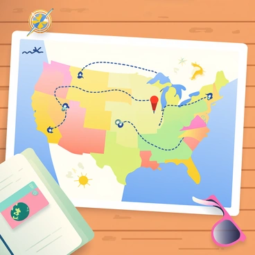 A road trip map is spread out on a wooden table. The map features vibrant colors, with various states and landmarks clearly labeled. A bold, dotted line marks the route taken, winding through different regions. Small icons indicate planned stops along the route, including a bright yellow sun for a beach stop and a green tree icon for a national park. In the corner, a compass rose adds directionality, and a red pin marks the starting point. Nearby, a pair of sunglasses and a playful travel journal are resting on the table for an added touch of adventure.