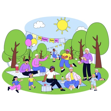 A park setting filled with lush green grass and tall trees. Groups of diverse people are gathered together, engaging in conversations and enjoying each other's company. Some individuals are sitting on picnic blankets, while others stand in small circles, exchanging smiles. There are various colorful balloons and banners in the background that read "Unity in Diversity." A few children are playing nearby, laughing and running around. The sun is shining brightly, casting a warm glow over the gathering.