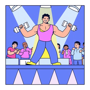 A bodybuilder standing on a stage, showcasing their physique while performing a dumbbell fly. The bodybuilder has a muscular build, with defined arms and a strong chest. They are wearing a fitted, brightly colored tank top that accentuates their muscles. In each hand, they are holding a shiny dumbbell, with their arms extended out to the sides. The stage has bright spotlights shining down, illuminating the bodybuilder and highlighting their form. The audience is visible in the background, clapping and cheering in support.