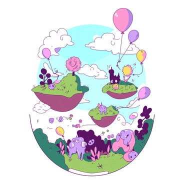 A vibrant landscape features floating islands in the sky, each adorned with lush greenery and colorful flowers. Below, whimsical creatures of varying shapes and sizes move playfully across the terrain. Some creatures have oversized, bright eyes and intricate patterns on their fur or skin. Numerous balloons in various shapes and colors drift lazily through the air, adding a sense of joy and wonder to the scene. The sky is a mix of soft hues, creating a magical ambiance as the creatures explore their enchanting surroundings.