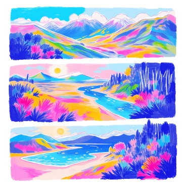 A digital canvas displays a series of diverse landscapes. The first landscape features a lush green valley with rolling hills under a bright blue sky, dotted with fluffy white clouds. The second landscape presents a rugged mountain range with snow-capped peaks and a winding river that reflects the sunlight. The third landscape showcases a tranquil beach at sunset, with vibrant orange and pink hues blending into the horizon. In the fourth landscape, a dense forest is filled with towering trees and dappled sunlight filtering through the leaves. Each landscape is vividly detailed, capturing the unique characteristics of the environments.