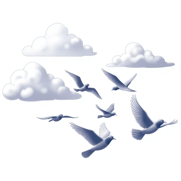 A flock of birds flying through an ocean of cotton candy clouds