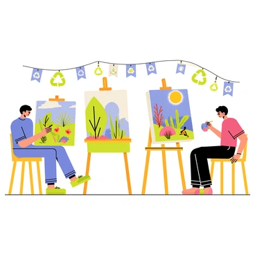 A vibrant scene depicting an illustration competition. Artists with colorful palettes and brushes are sitting at easels, creating artwork centered around eco-friendly and sustainable themes. In the foreground, one artist works on a piece showcasing a green forest filled with diverse plants and animals. Another artist is painting a colorful underwater scene highlighting coral reefs and marine life. There are banners in the background displaying the words "Eco-Friendly Art Contest" with images of recycling symbols and plants. The atmosphere is lively, filled with enthusiasm for creativity and environmental awareness.