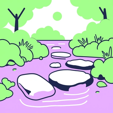 A serene scene depicts stepping stones arranged across a stream. The stones are smooth and rounded, set at varying distances apart, with a wide gap between the second and third stone. Water flows gently around the edges of the stones, creating small ripples. Lush greenery surrounds the stream, with ferns and small plants growing at the water's edge. Sunlight filters through the trees overhead, casting dappled shadows on the ground. In the background, more stones can be seen leading further upstream.