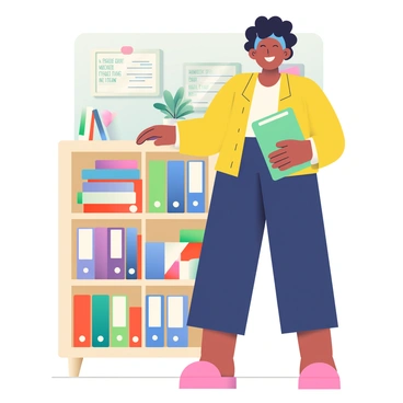 A cheerful office assistant with medium skin and curly black hair is standing next to a tidy cabinet filled with colorful files and documents. She is wearing a bright yellow blouse and navy blue trousers. The cabinet is made of light wood and features several shelves displaying neatly organized binders in various colors, including red, blue, green, and purple. The assistant is holding a green file in her right hand while using her left hand to adjust a blue binder on the shelf. There are a few decorative plants on top of the cabinet, adding a touch of green to the workspace. The backdrop includes a light-colored wall with framed motivational quotes and a calendar hanging on it.