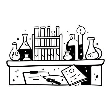 A vintage chemistry set displayed on a wooden laboratory bench. The set includes various test tubes arranged in a wooden rack, next to several glass beakers of different sizes. There are flasks, some with stoppers, set on the bench. A pair of tweezers and a small scale are also present among the glassware. The surface of the bench has a few scattered notes and an open book with diagrams related to chemistry experiments.