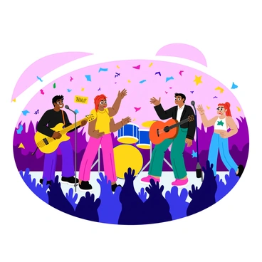 A rock band is performing on stage, featuring a lead singer with a microphone, a guitarist with a bright electric guitar, a bassist, and a drummer. The musicians are dressed in colorful, casual clothing, engaging with each other and the audience. The stage is illuminated with vibrant lights of various colors. Confetti in shades of pink, blue, and gold is falling from above, adding to the festive atmosphere. The crowd is enthusiastic, with many fans raising their hands in the air, some holding signs and wearing band merchandise.