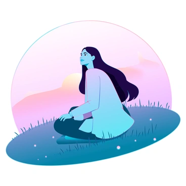 A side view of a person with long hair, sitting cross-legged on a grassy hill. They are wearing a light, flowing shirt and have a relaxed expression on their face. The person is illuminated by the golden rays of the rising sun, which casts warm light across their silhouette. In the background, a horizon with soft pastel colors blends seamlessly as the sun emerges, creating a tranquil atmosphere. The grass around them has dew drops sparkling in the early morning light.