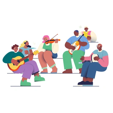 A group of musicians is seated in a circle, each playing their respective instruments. On the left, a man with curly brown hair is playing a guitar, while a woman with long black hair is singing passionately. Next to her, a tall woman with short blonde hair is playing a violin, her eyes closed as she loses herself in the music. Across from her, a man with glasses is skillfully playing a keyboard, glancing at the guitarist as they exchange smiles. In the background, a percussionist with a shaved head is keeping rhythm with a djembe, his hands moving quickly. The musicians are focused on one another, creating a vibrant and dynamic atmosphere as they influence each other's performance.
