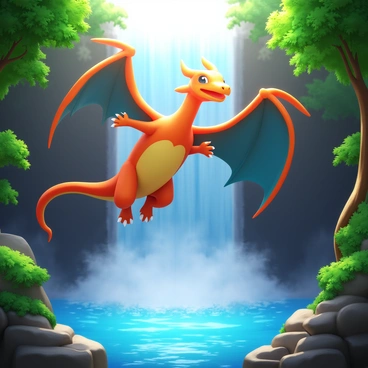 Charizard gracefully gliding over a majestic waterfall