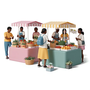 A vibrant farmers market filled with various vendors from different ethnic backgrounds. Each vendor is displaying an array of fresh produce on their colorful stalls. One vendor, a woman of Hispanic descent, is showcasing ripe tomatoes, avocados, and peppers in woven baskets. Nearby, a man of Asian descent is selling leafy greens, mushrooms, and exotic fruits, while another vendor, a Black woman, is offering bright orange carrots, yellow squash, and fresh herbs. Customers, including individuals of diverse ethnicities, are interacting with the vendors, examining the produce, and making purchases. The scene is lively, with the sun shining down, creating a warm atmosphere.