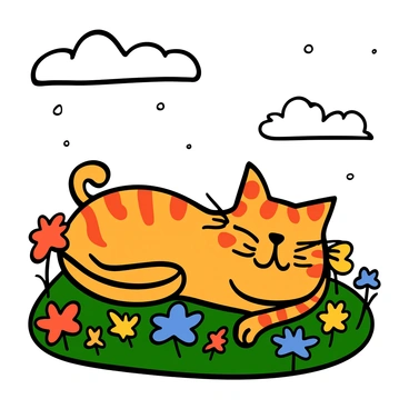 A cute tabby cat with orange stripes lounging on a bed of vibrant flowers in a colorful garden. The cat is relaxed, with its eyes half-closed, and its tail curled around its body. Surrounding the cat are flowers of various colors, including red, yellow, and blue blooms. Above, the sky is bright and sunny, with a few fluffy white clouds scattered throughout. The scene conveys a peaceful afternoon in nature.