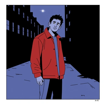 A person wearing a red jacket stands at the entrance of a dimly lit alleyway. The alley is shadowy with tall, looming buildings on either side, casting long shadows. The ground is wet, reflecting faint light from a distant streetlamp. The person's expression is pensive, with furrowed brows and pursed lips, contemplating the decision to step forward. A light mist hangs in the air, adding an air of tension to the scene.