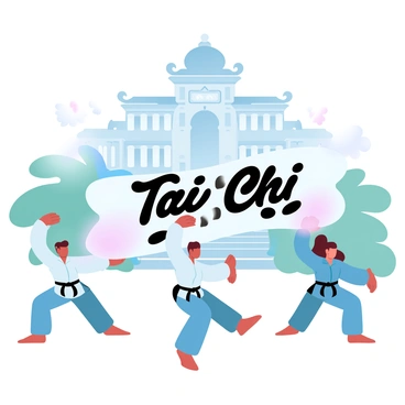 A group of individuals is performing tai chi in a synchronized manner. They are dressed in traditional martial arts uniforms, showcasing fluid movements. In the background, a grand historic building with intricate architectural details and ornate columns towers over them. The setting includes lush greenery surrounding the building, complementing the tranquil atmosphere of the session. A large banner with the words "Tai Chi" is positioned prominently in the scene, adding to the context.