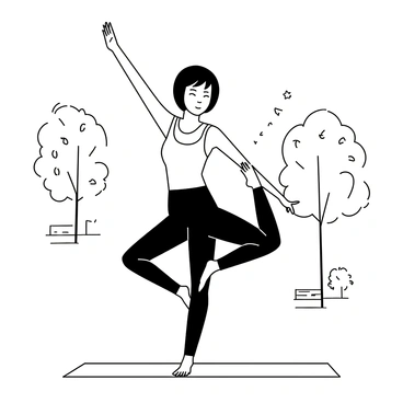 A girl with short hair is performing a yoga pose on a mat. She is wearing a fitted tank top and stretchy leggings. The mat is placed on the grass in a park. Trees are visible in the background, and there are a few benches scattered around. The girl has a focused expression as she balances in her pose. A gentle breeze is causing some leaves to rustle in the trees.